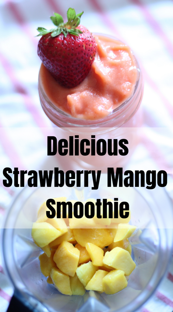 pinterest image of strawberry mango smoothie and chopped mangoes