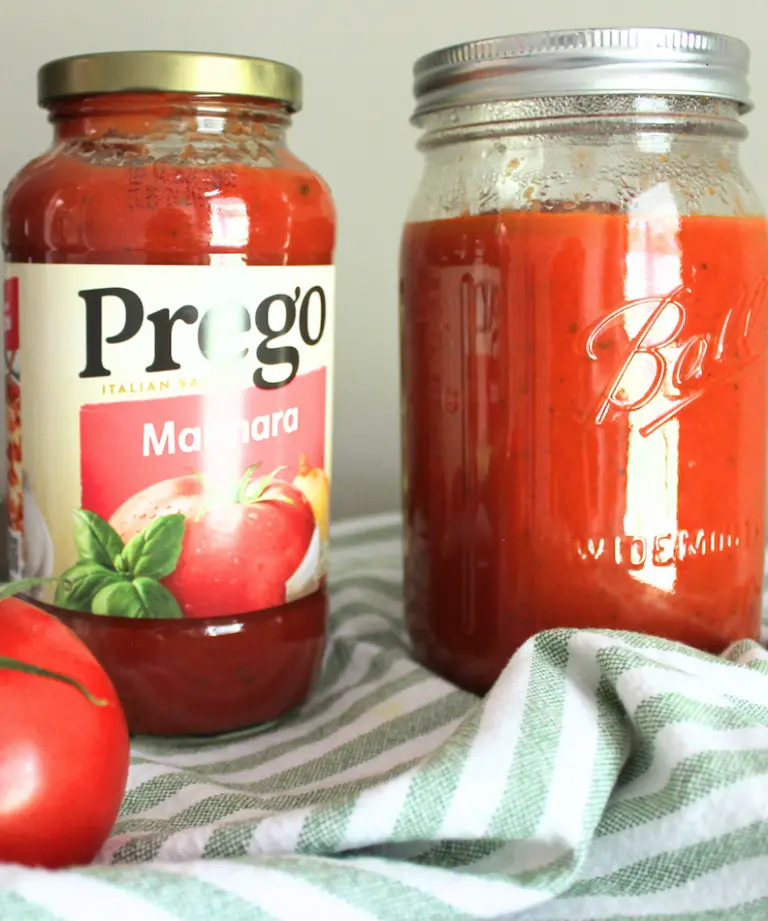 prego sauce in a jar with homemade prego sauce in a mason jar beside it