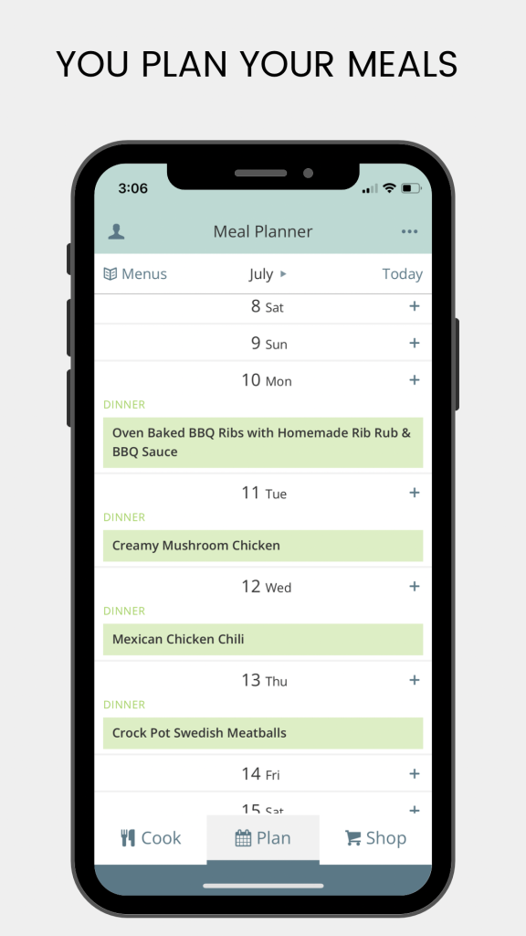 phone showing weekly meal planning