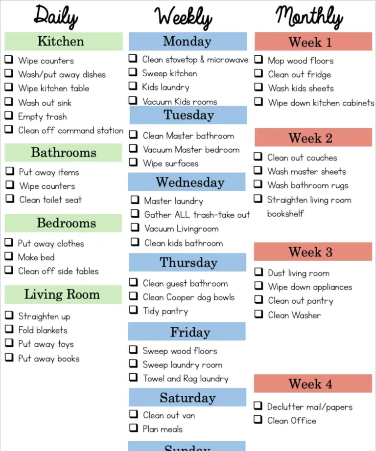 cleaning schedule checklist printable