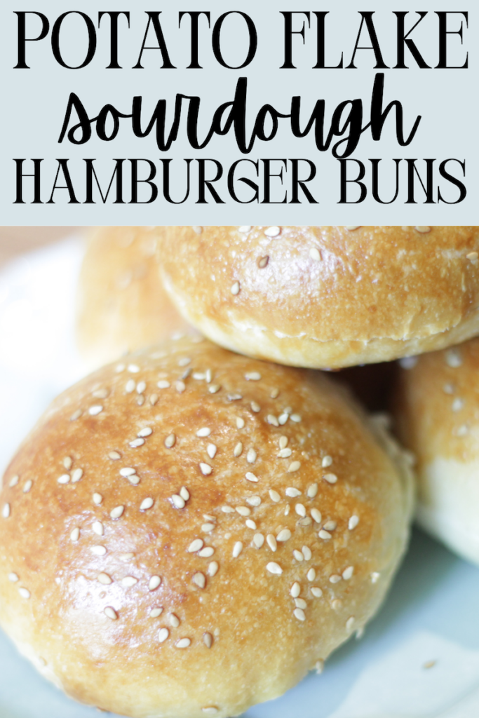 pin image, hamburger buns on blue plate with text overlay "potato flake sourdough hamburger buns"