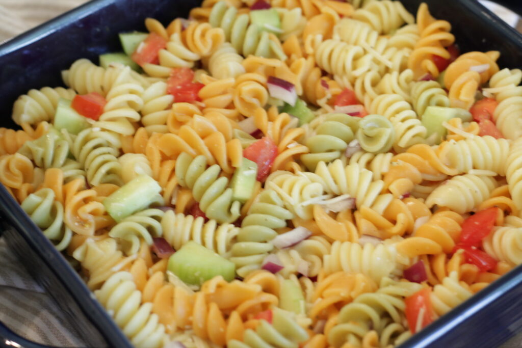 pasta salad in blue dish