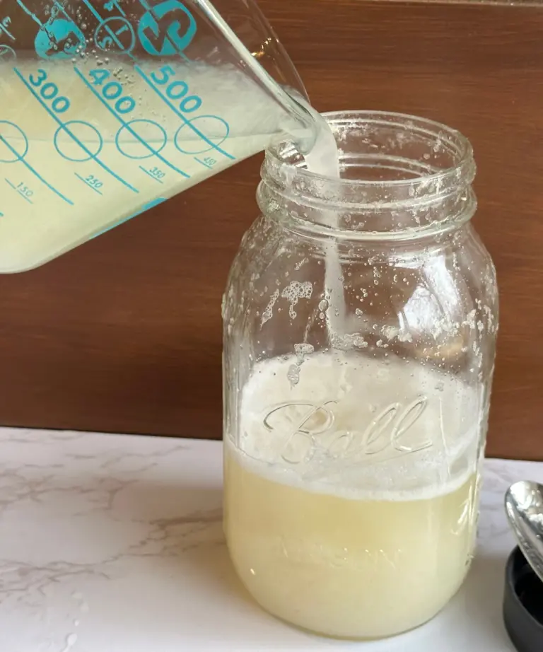 pouring feeding ingredients into potato flake starter