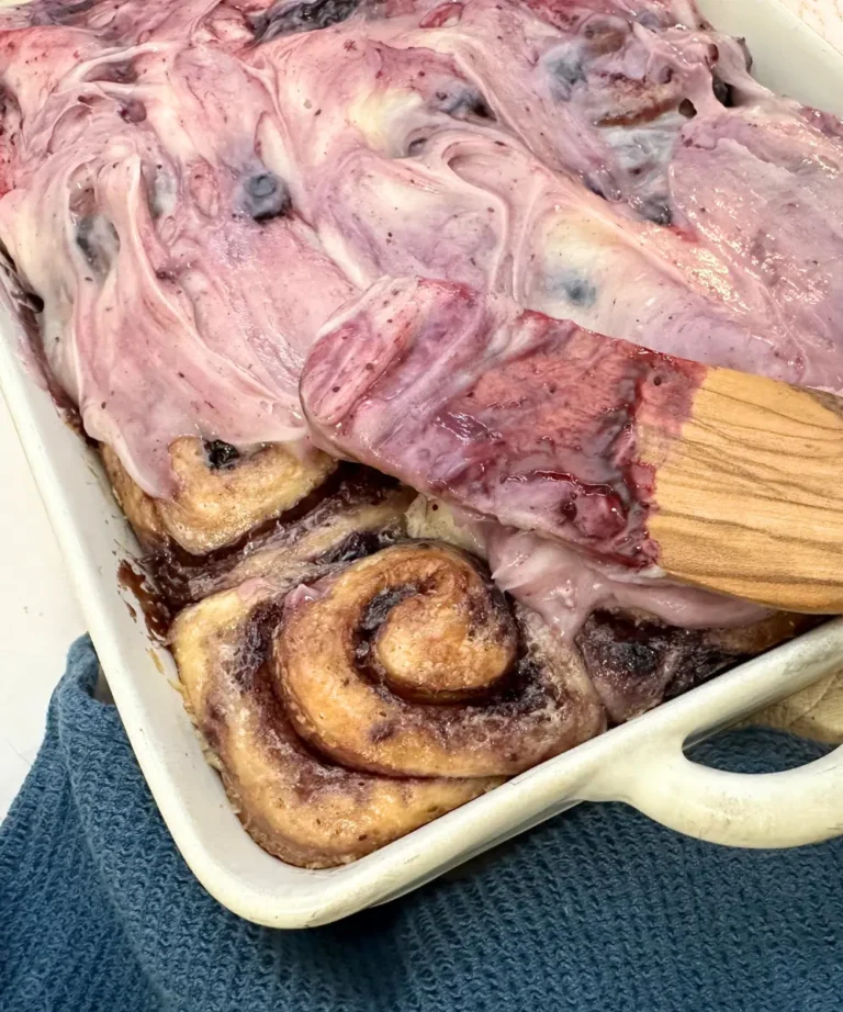 potato flake sourdough blueberry cinnamon rolls with cream cheese icing and blueberry swirl