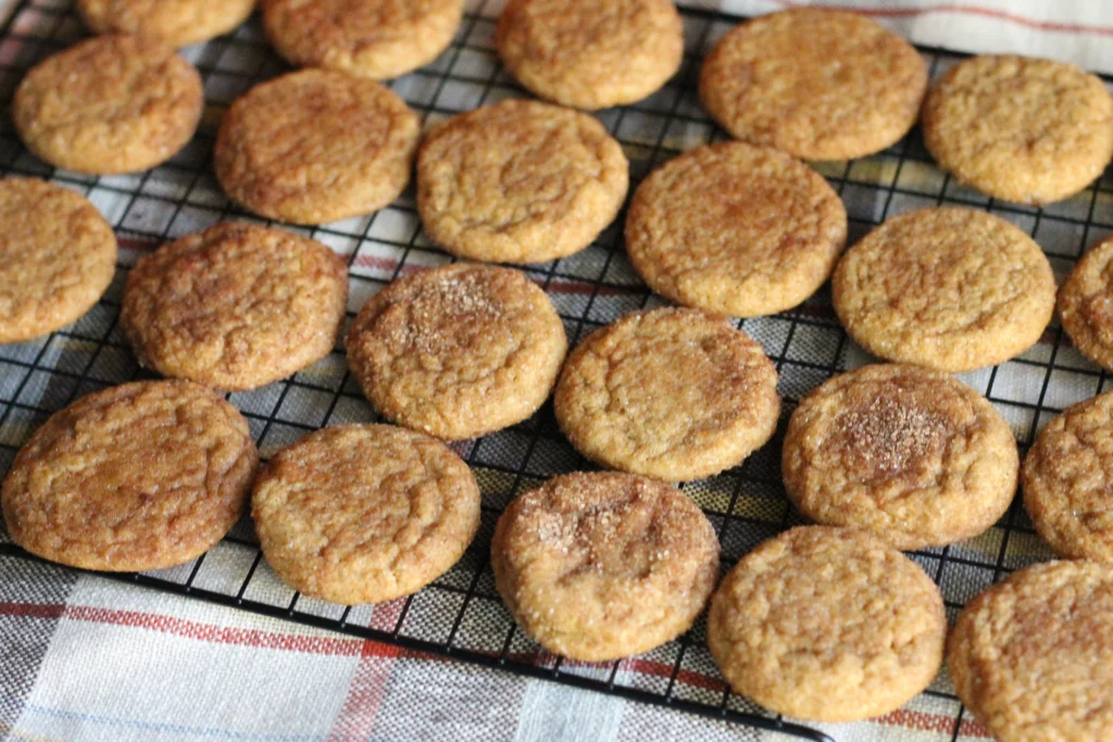 baked potato flake sourdough snickerdoodle cookies on cooling rack